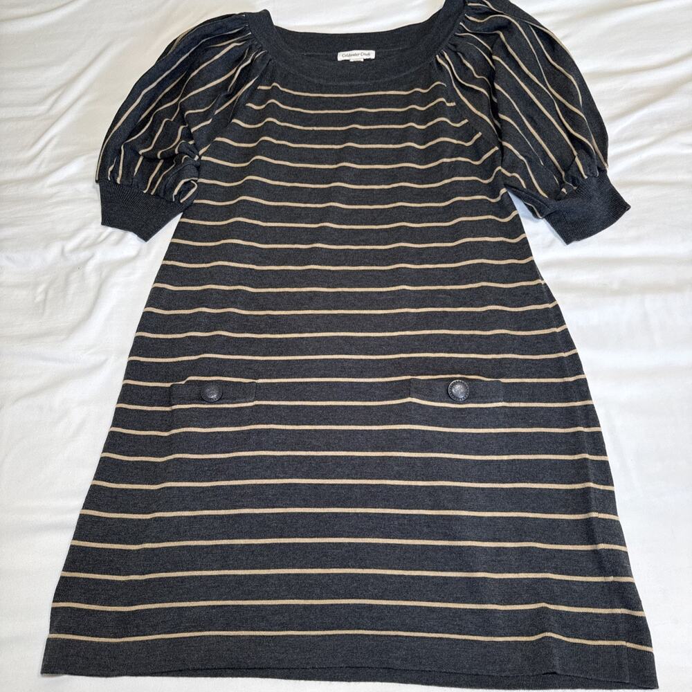 Coldwater Creek Sweater Dress Womens L Balloon Sleeve Charcoal Tan Striped EUC